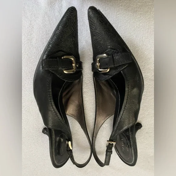 Prada Black Pointed Toe Slingback Heels with Buckle Accent - Picture 5 of 12